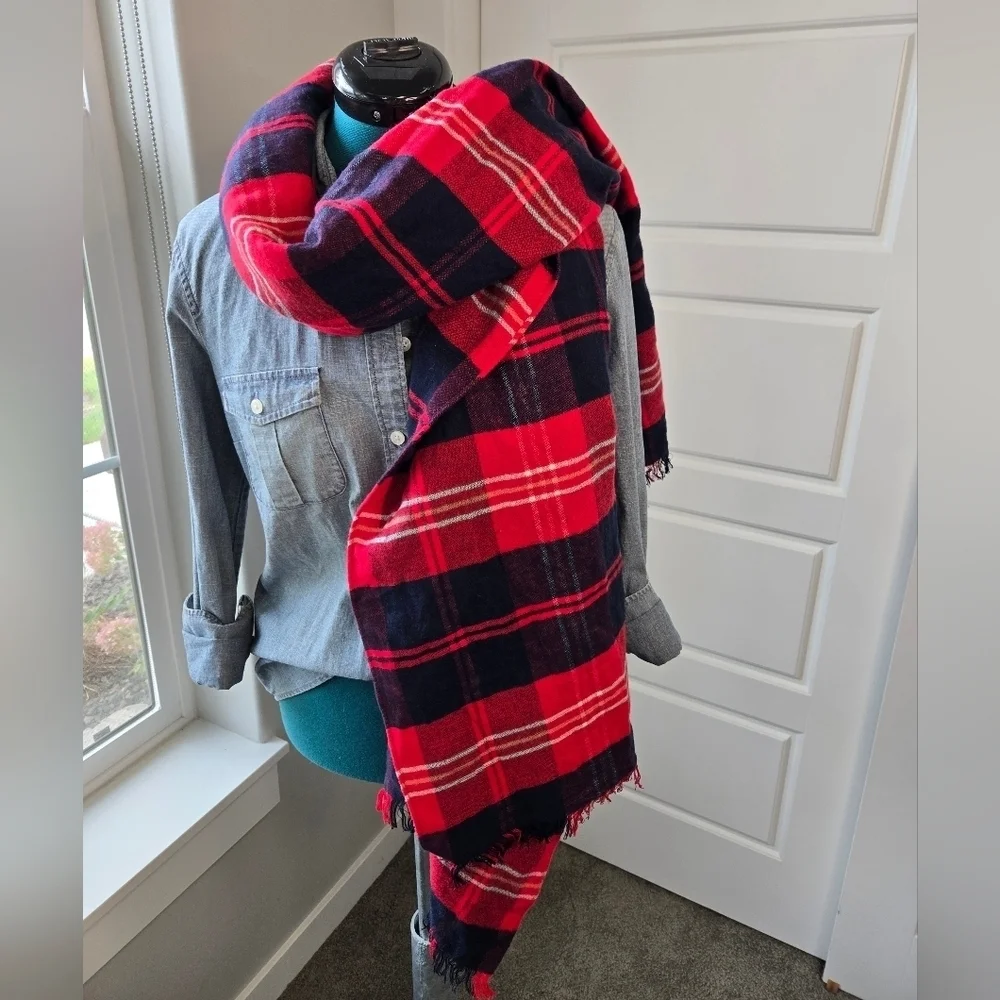 LOFT OVERSIZE RED & BLUE PLAID BLANKET SCARF SHAWL WRAP COTTON BLEND WOMEN OS